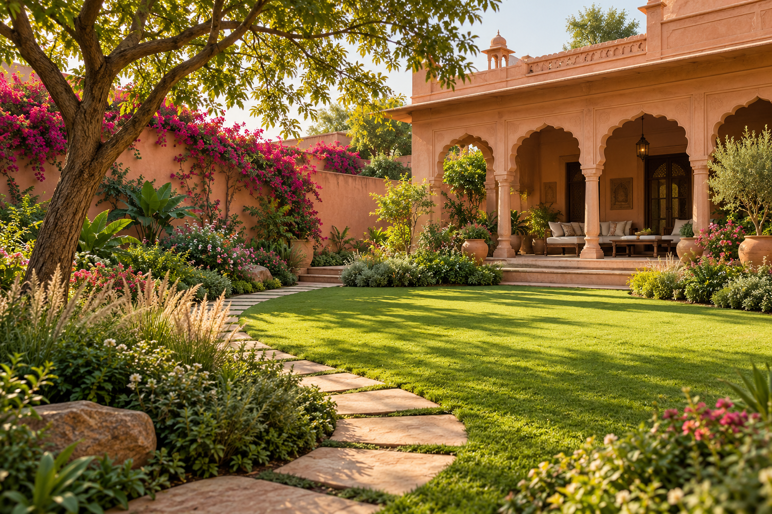 Illustrative Jaipur courtyard garden with sandstone paths, a lawn and flowering plants